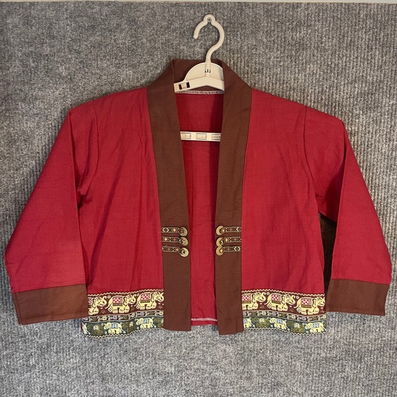 Unbranded Jackets & Blazers - Traditional Thai Elephant Cropped Jacket Red Silk Coin Button Open Front Boho